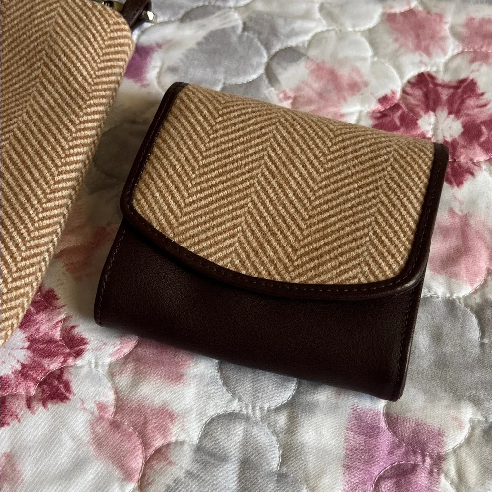 British Bag Company Tan and Brown Purse and Wallet Set Herringbone Wool NWOT